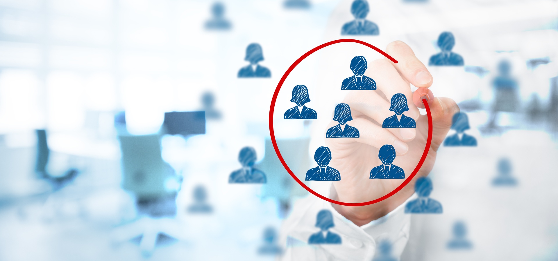 Headshot people illustrations with a hand drawing a red circle around them