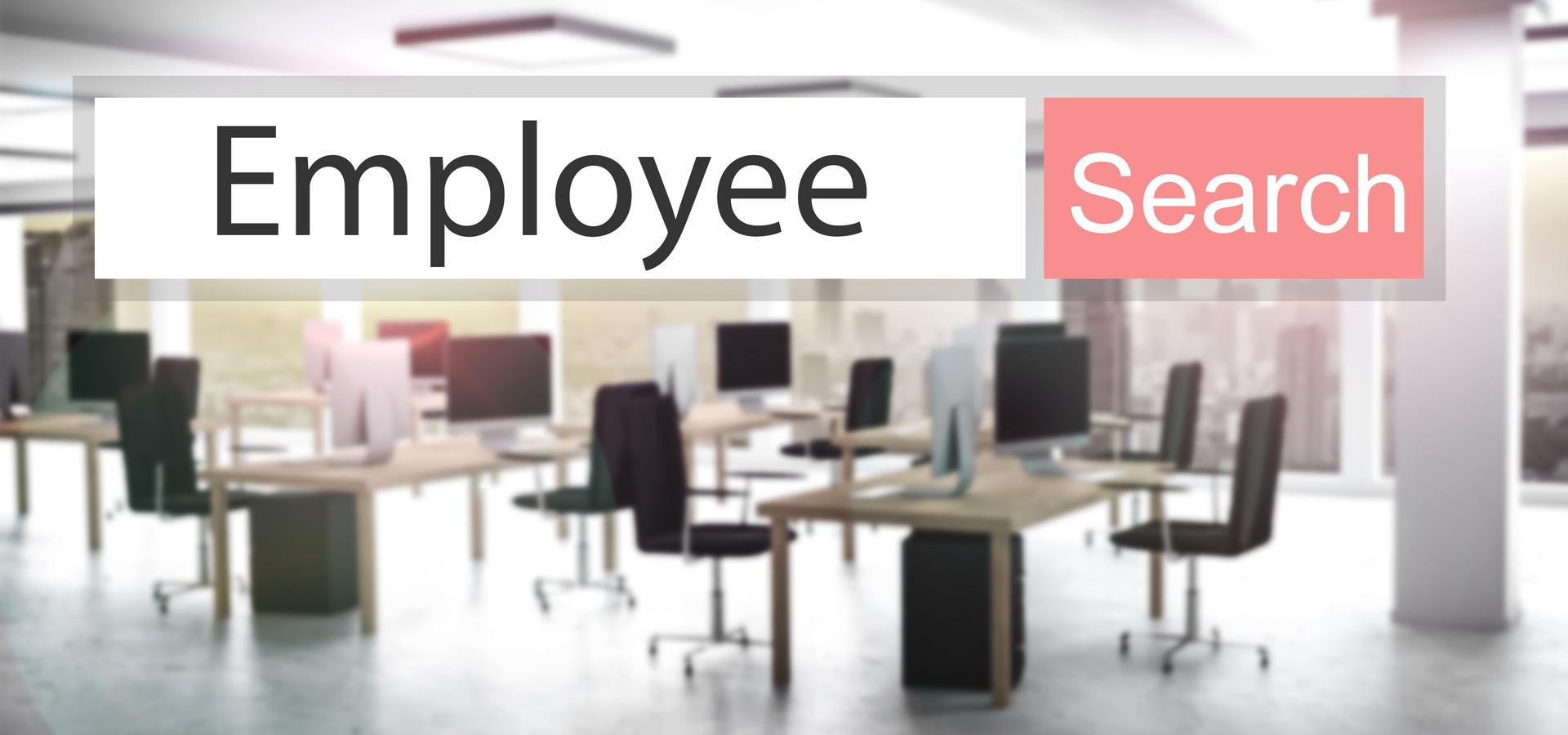 Office setting with the words "Employee Search"