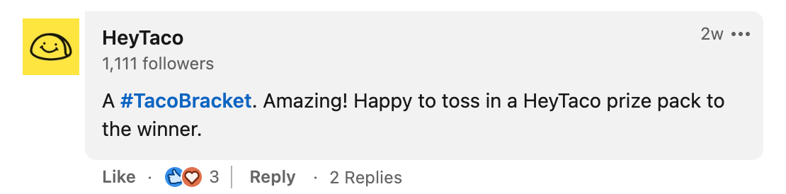 Screenshot of LinkedIn comment from HeyTaco to Revel.